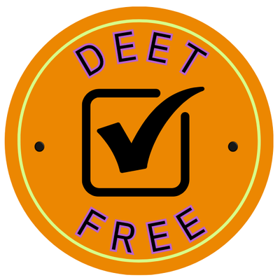 DEET free label with a checkmark on an orange background