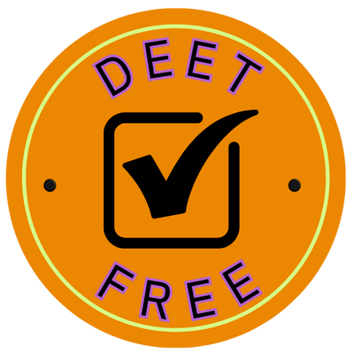 DEET free label with a checkmark on an orange background