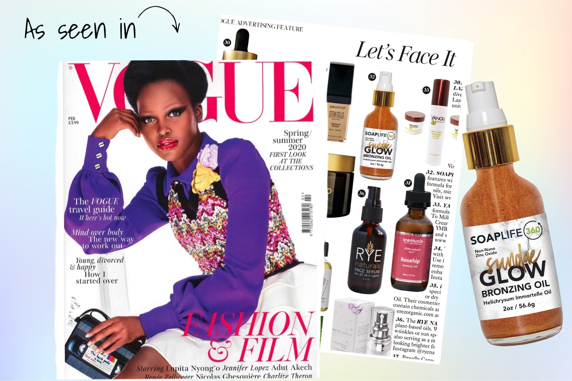 A shimmer oil infused with extracts, zinc oxide for sun protection, and scented with Helichrysum Essential oils. Seen in vogue