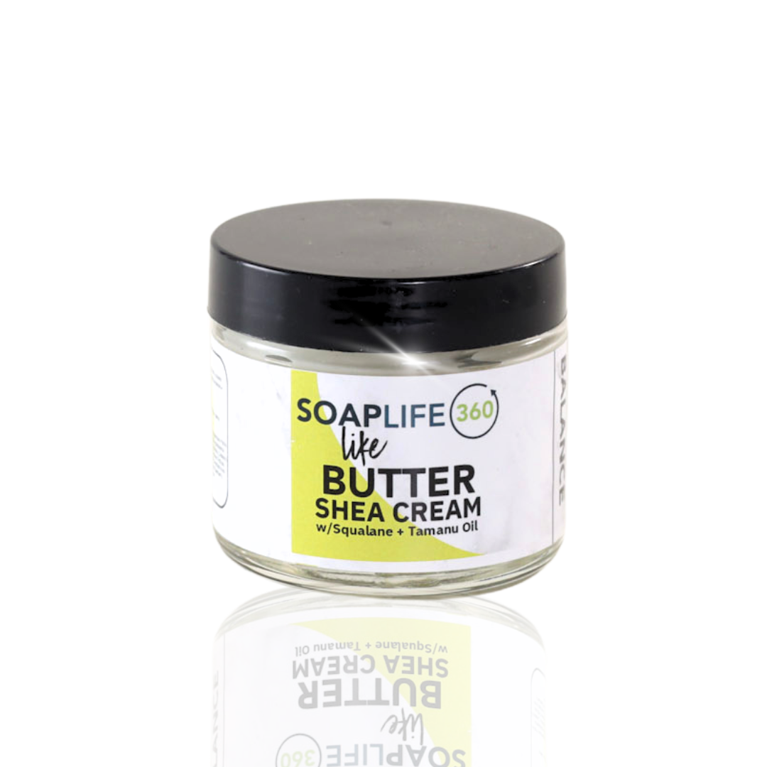 SoapLife360 Like Butter Shea Cream in a glass jar with a black lid