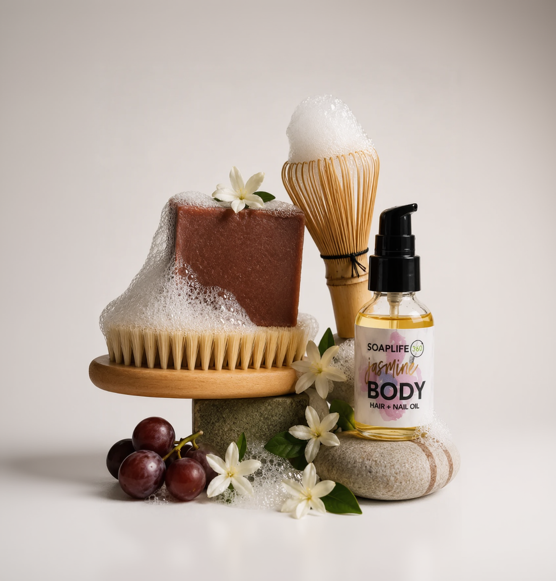 Lathered jasmine soap bar on a wooden body brush with SoapLife360 Jasmine Body, Hair and Nail Oil, jasmine blossoms, and grapes