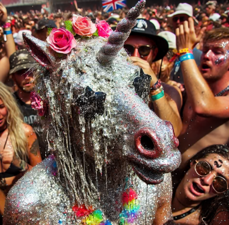 Glitter-covered unicorn statue with a flower crown surrounded by a festival crowd in the sun