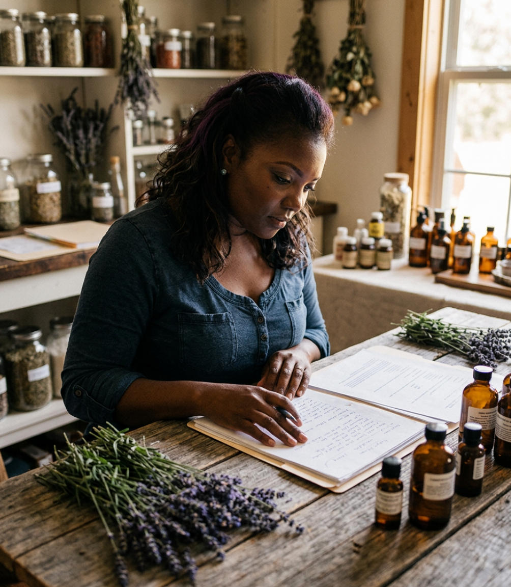 SoapLife360 founder sourcing natural ingredients for small-batch skincare formulation