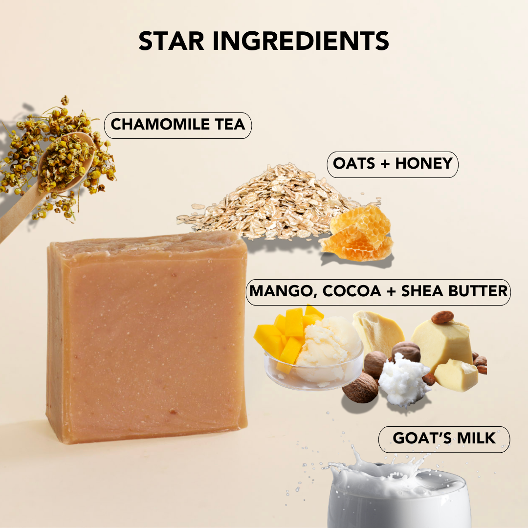 Goat's milk soap bar with its star ingredients labeled: chamomile tea, oats and honey, mango, cocoa and shea butter, and goat's milk