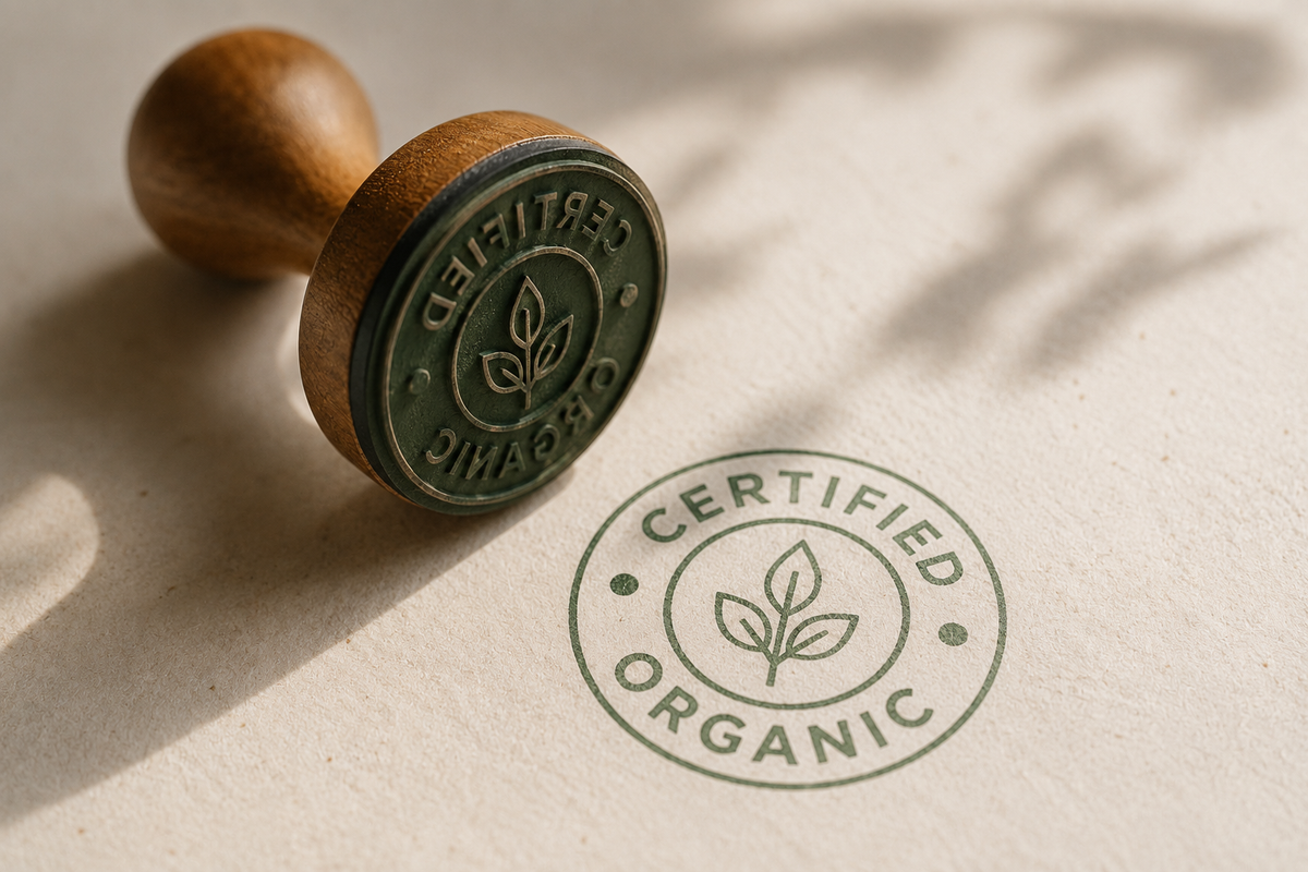 A certified organic stamp on a skincare label