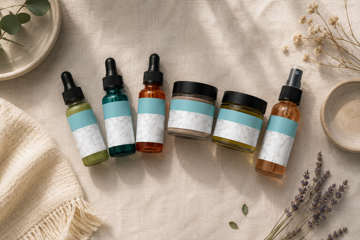 Natural skincare routine products arranged in order on a clean surface