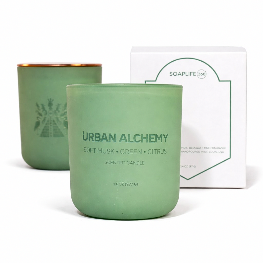 URBAN ALCHEMY CANDLE– Matte Green Glass, Fine Fragrance, Beeswax Blend