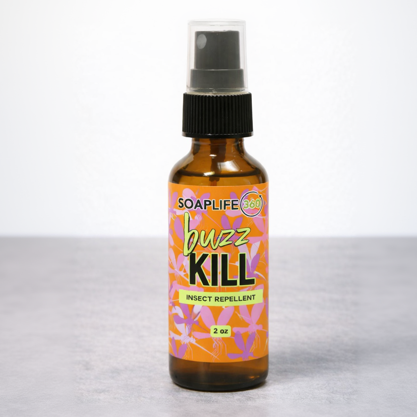 Insect repellent spray bottle labeled 'buzz Kill' on a white background