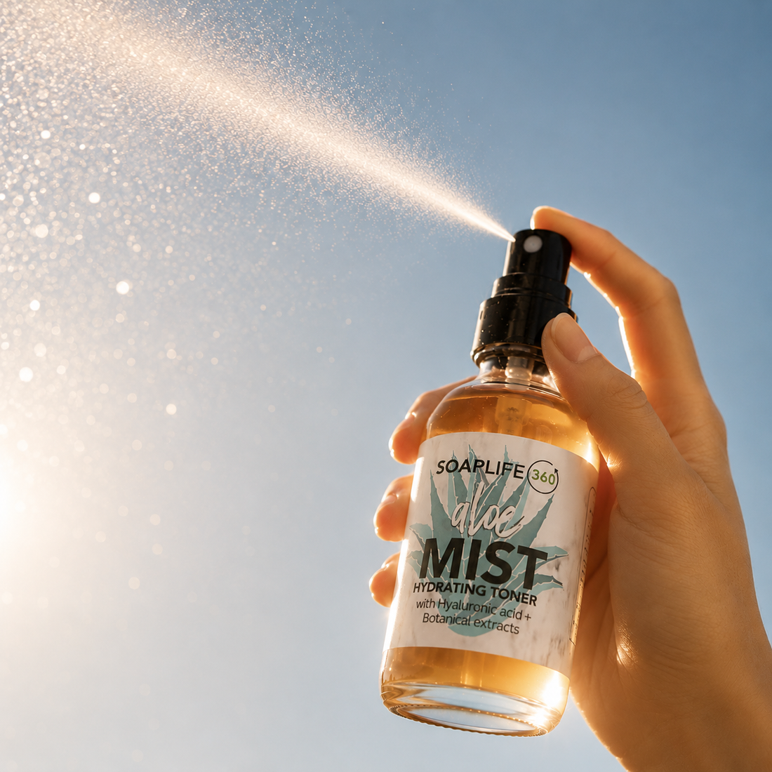 Hand holding a bottle of Soaplife Aloe Mist against a clear blue sky