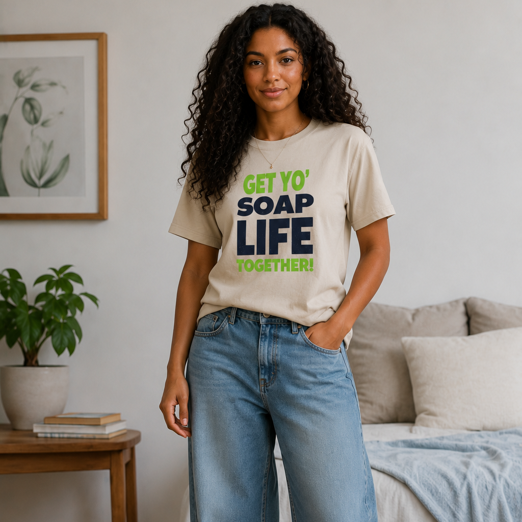 Woman wearing a t-shirt with text in a room with a bed and plant.