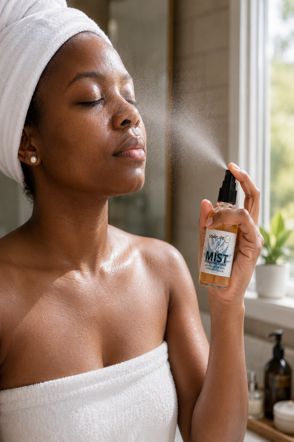 A woman wrapped in a white towel holds a bottle of facial mist and sprays it toward her face in a bright bathroom setting.
