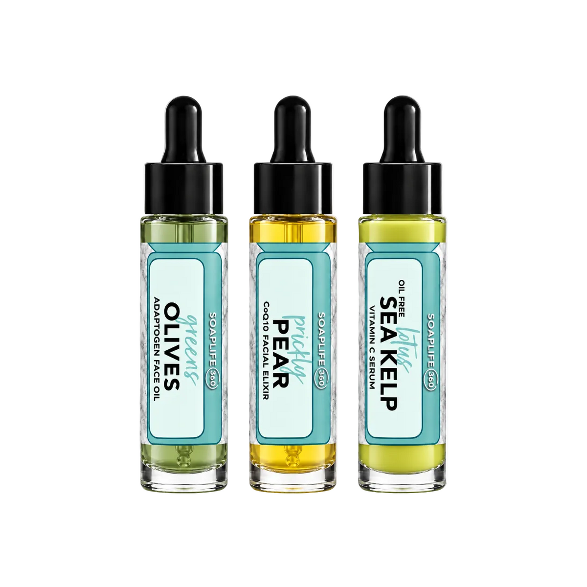 Three glass dropper bottles of Soaplife (GO) facial oils and exfoliators lined up on a white background: Olives, Pear, and Sea Kelp.