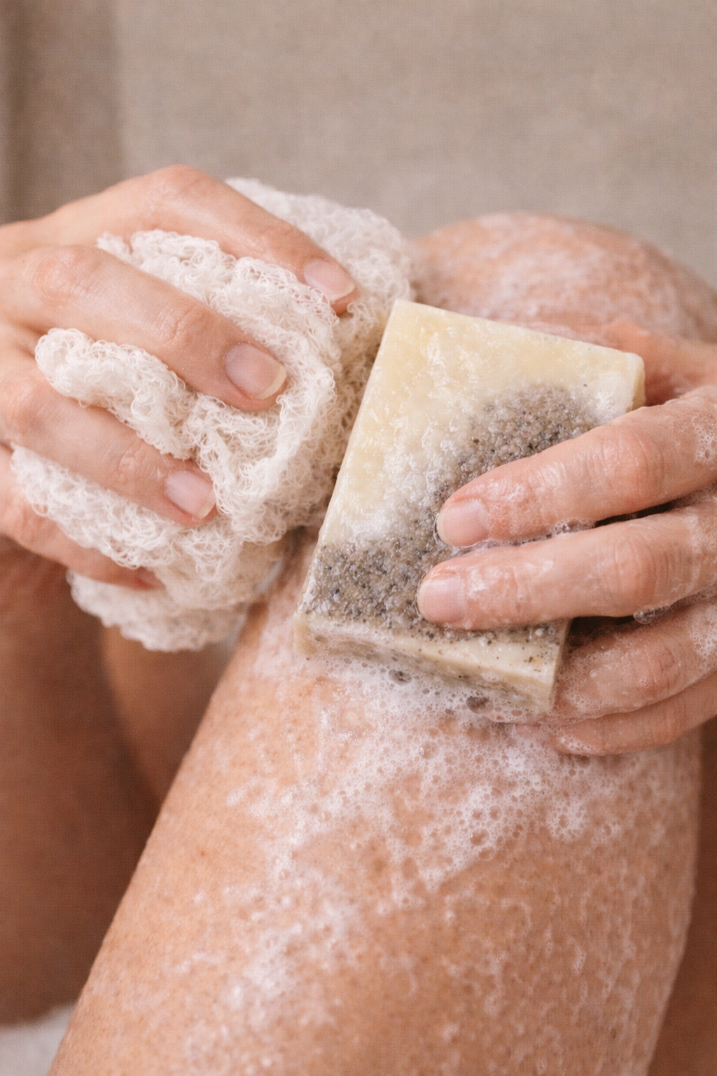 Person scrubbing leg with a bar of soap and a sponge